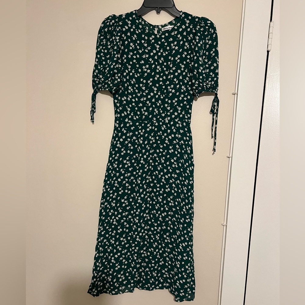Reformation Oakley Midi Dress Green and White Floral Short Sleeve Small - Picture 8 of 14